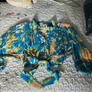 Rachel Zoe Blue Floral Cropped Blouse with tie.